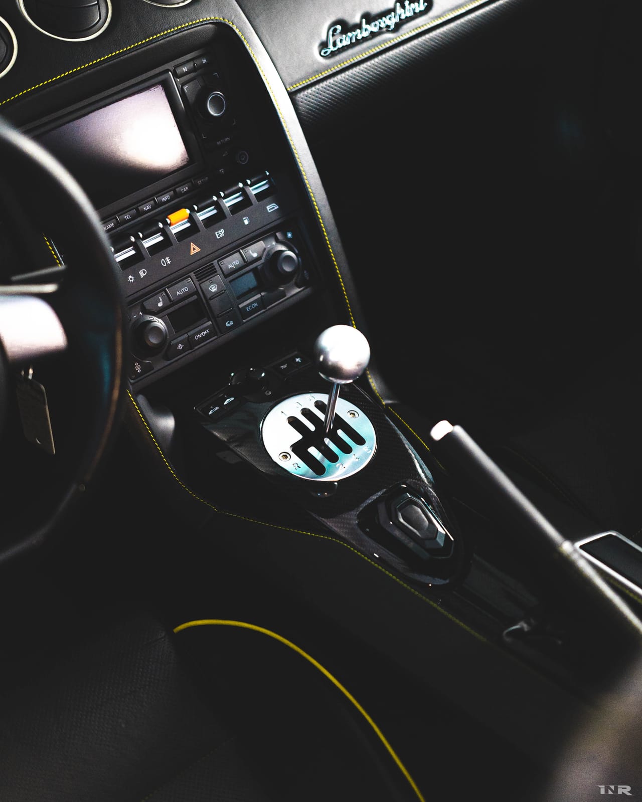 Interior detail: the gated shifter and center console